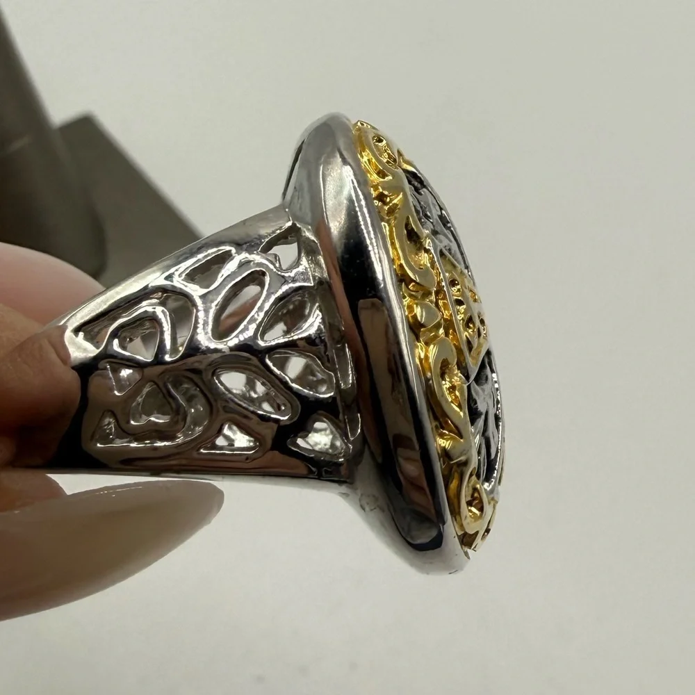 Byzantine Maltese Cross Style Two Tone Statement Ring Size 8.75